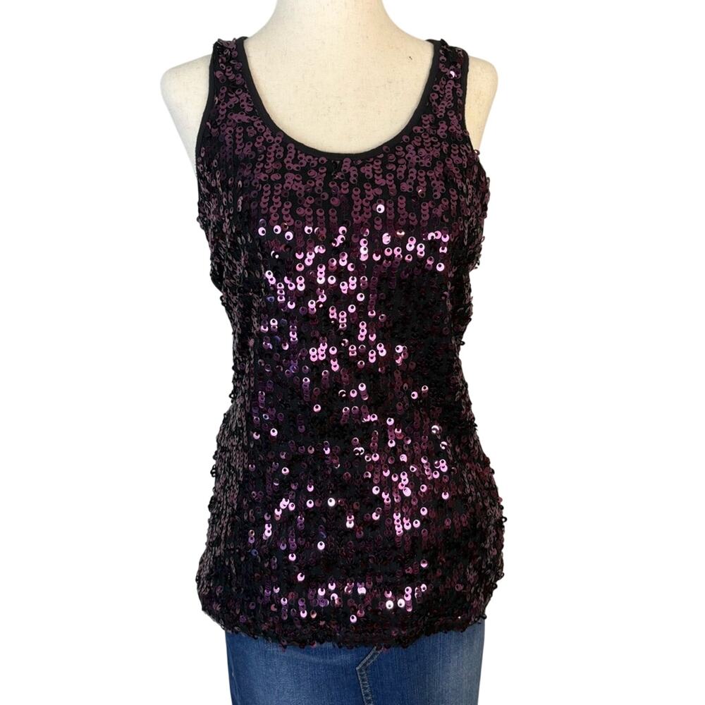 WDNY Vintage Y2K Sequin Tank Top Purple Black Sparkly Party Zipper 2000s Small